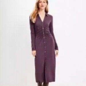 LOFT purple ruched long-sleeve midi dress